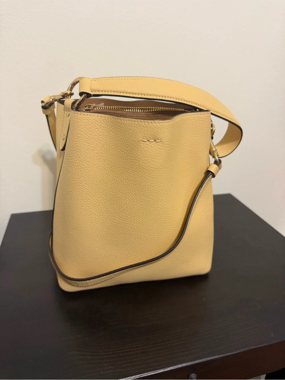 Coach Pebble Leather Crossbody Bucket Bag in Mustard Yellow